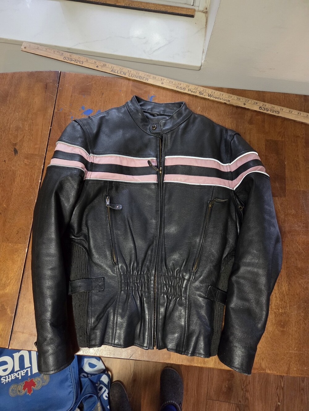 USA Bikers Dream Apparel Women Leather Motorcycle Jacket Small Black Pink Stripe